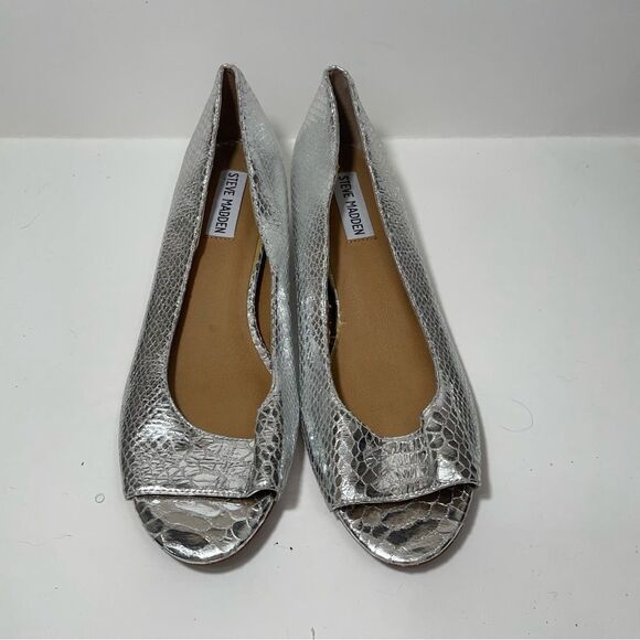 Steve Madden Snakeskin Silver Peep Toe Heeled Sandals - Picture 3 of 8